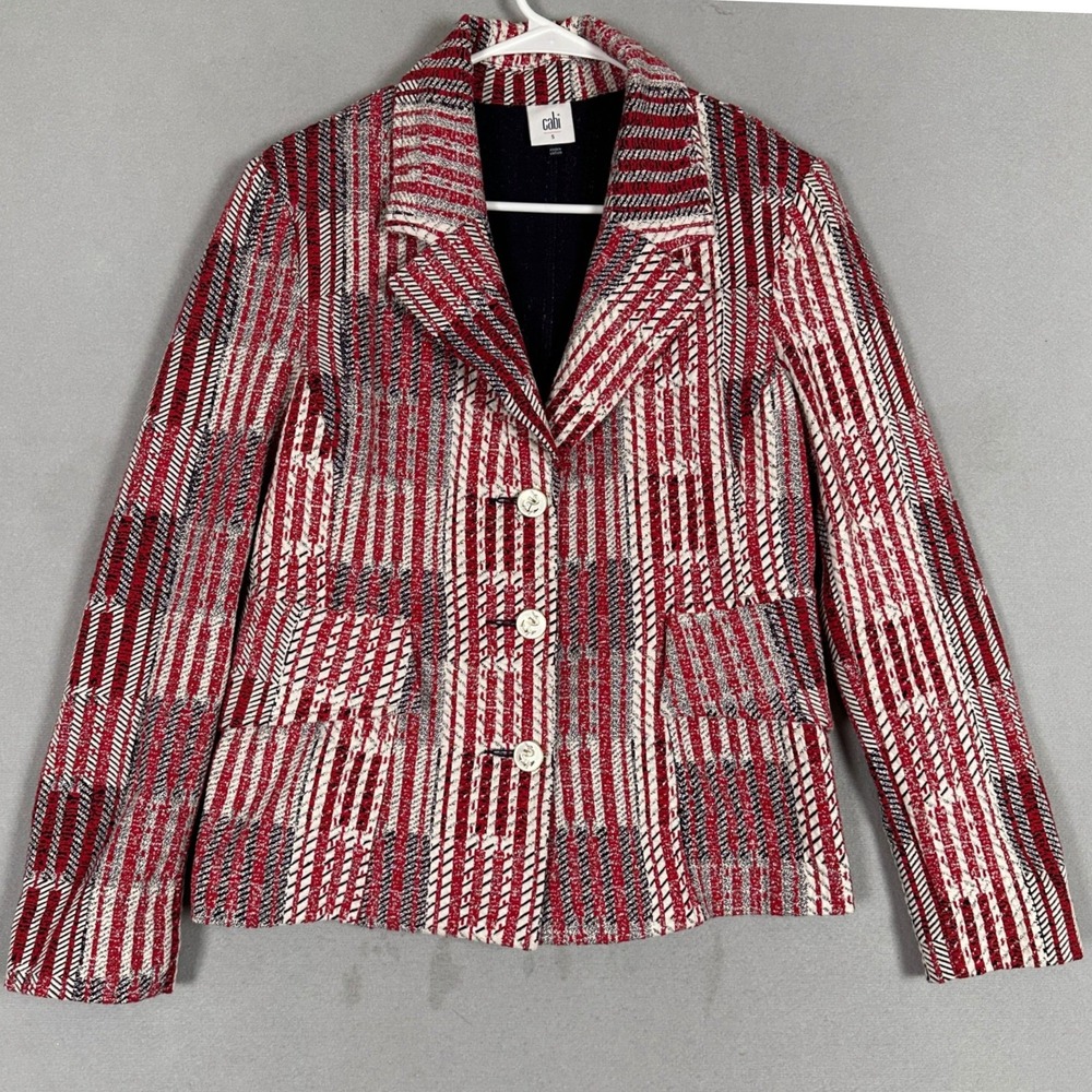 Cabi Blazer Womens Small Red White Blue Geometric Knit Nautical Patchwork EUC